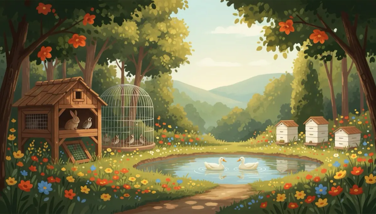 Kaninchen, Wachteln, Enten und Bienen
